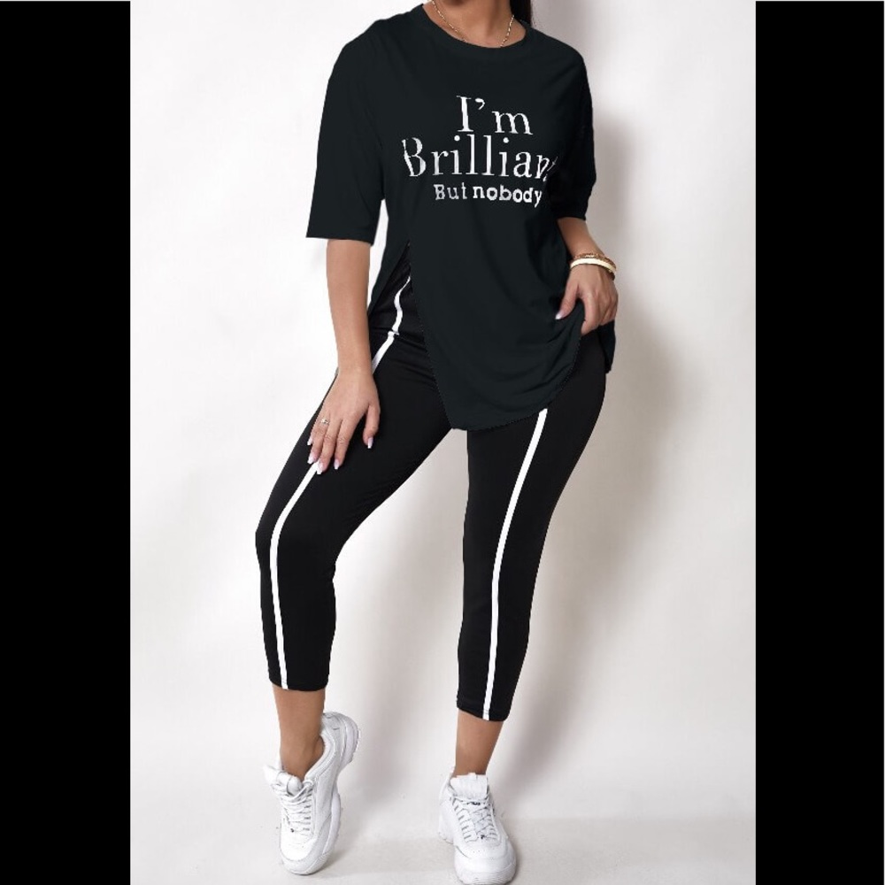 Im Brilliant But Nobody Short Sleeve Side Split  Shirt & Legging Outfit